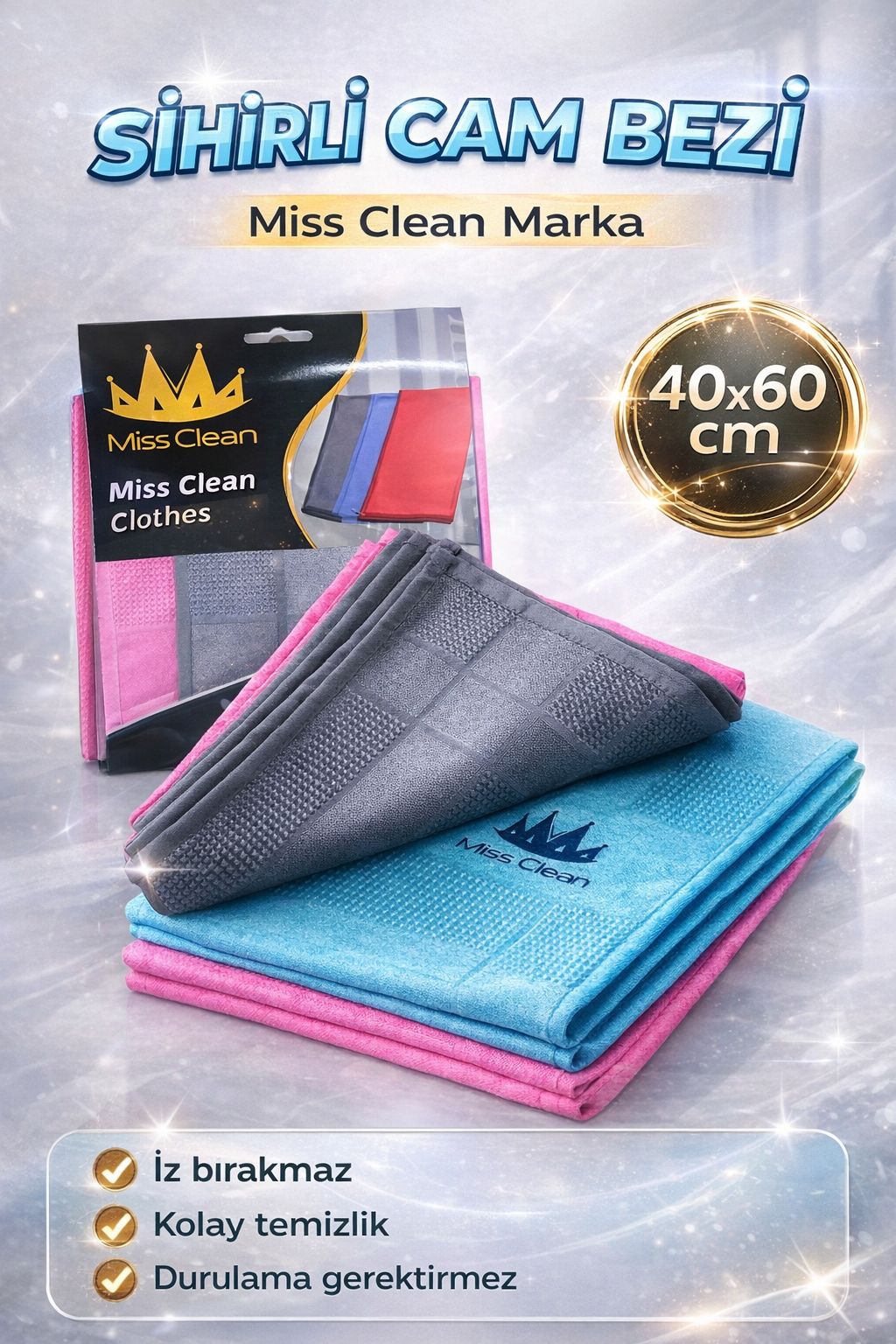 MİSS CLEAN  MİKROFİBER CAM BEZİ 3 LÜ  (40x60 ) **